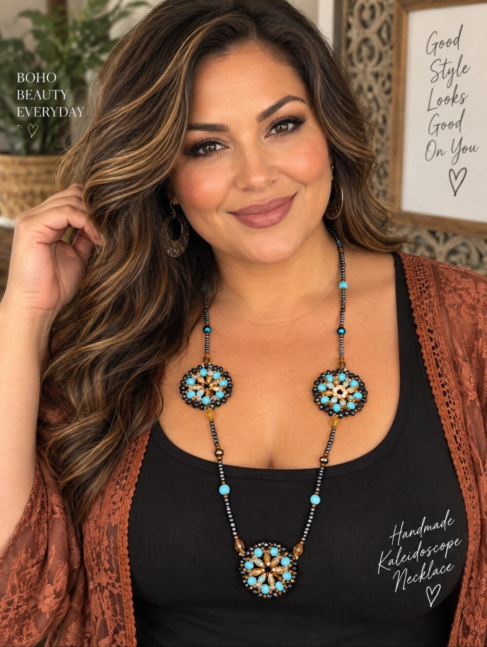 Handmade Kaleidoscope Medallion Necklace Turquoise Amber Black Beaded Boho 32"